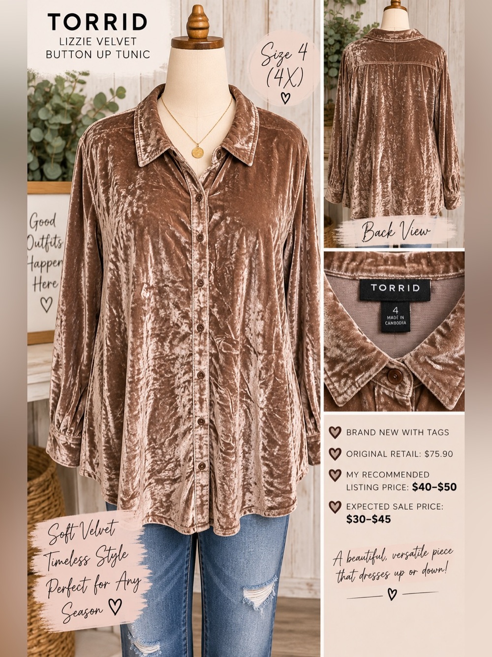 torrid Taupe Brown Velvet Button-Up Tunic